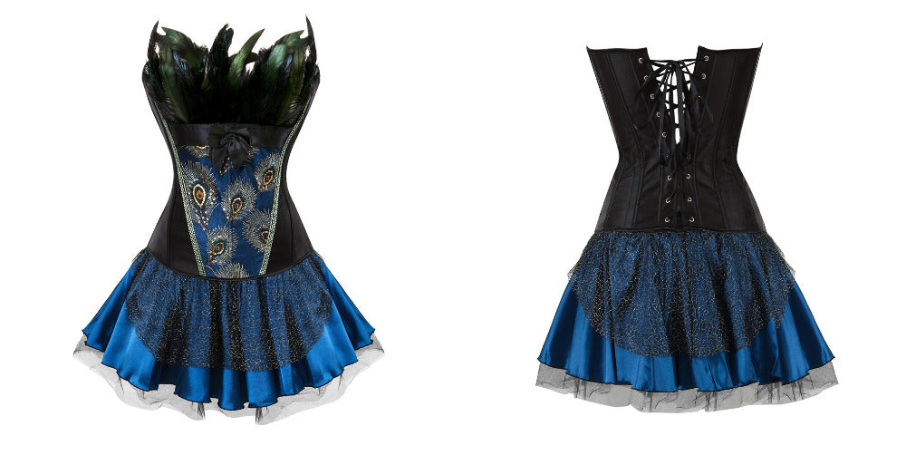 Vestido Corset Drag Peacock (Top negro / Falda azul)