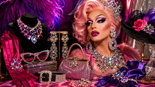 Accesorios drag queen con joyas brillantes, gafas de sol, bolso, guantes y detalles glam sobre fondo rosa.