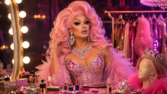 Drag queen con peluca rosa, corset brillante, maquillaje glamuroso y accesorios frente a un tocador de camerino.