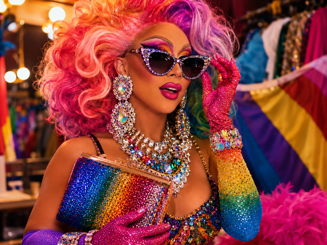 Drag queen con look de Pride llevando pendientes grandes, gafas brillantes, guantes y accesorios de escenario.