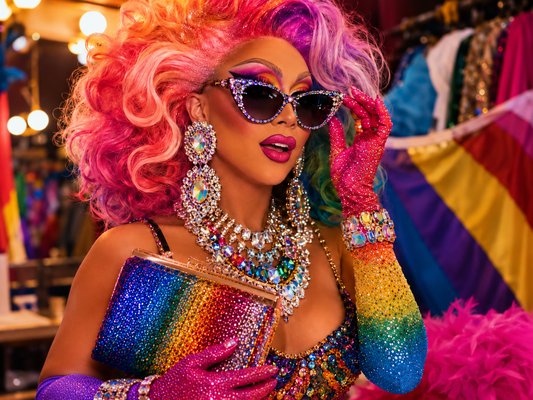 Drag queen con look de Pride llevando pendientes grandes, gafas brillantes, guantes y accesorios de escenario.