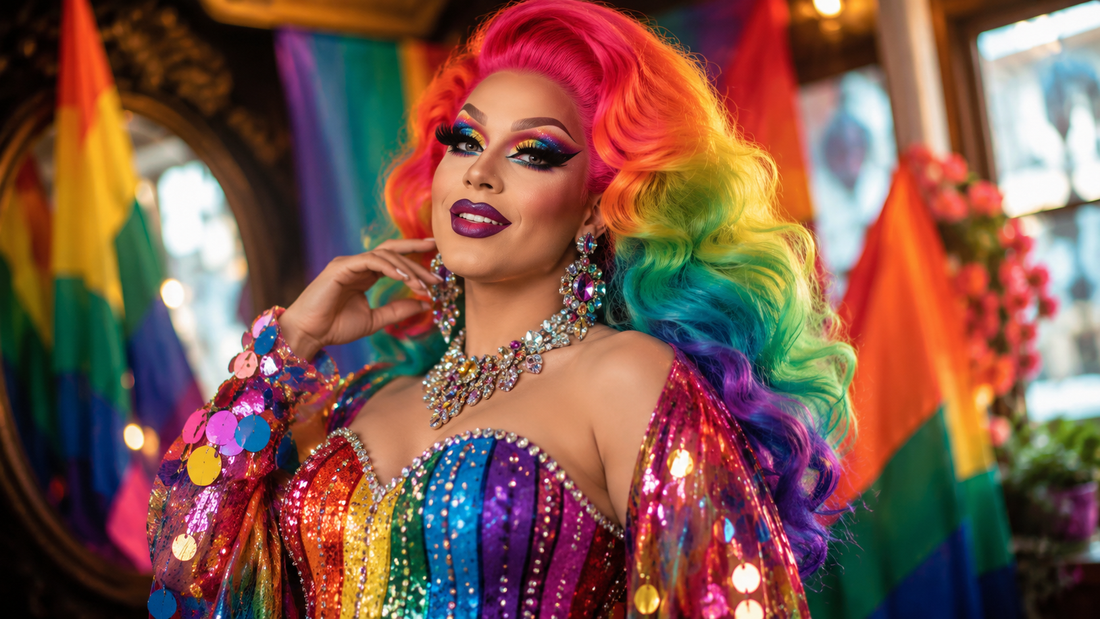 Drag queen con peluca, corset brillante y accesorios glam para un look Pride lleno de color.