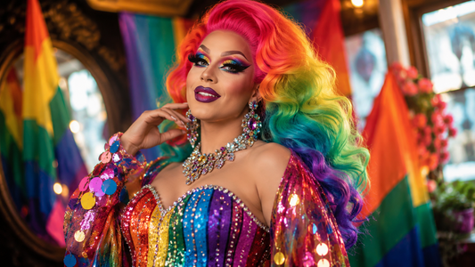 Drag queen con peluca, corset brillante y accesorios glam para un look Pride lleno de color.