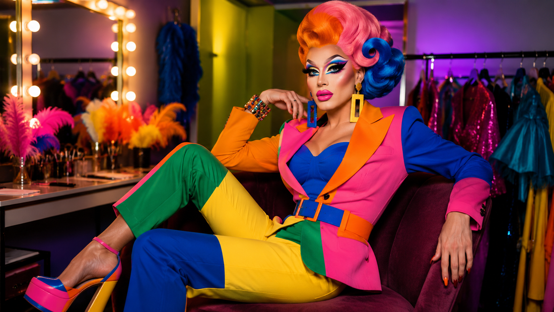 Drag queen con look color block de colores intensos, peluca voluminosa, maquillaje dramático y accesorios brillantes en un camerino iluminado.