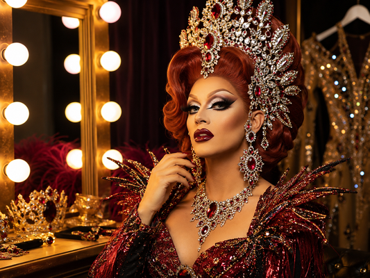 Drag queen con tiara brillante y tocado dramático en un camerino con luces, joyería y vestuario de escenario.