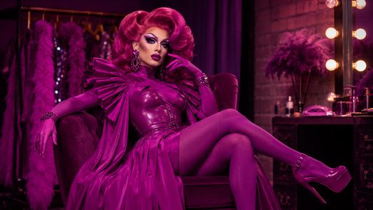 Drag queen con look monocromático fucsia, peluca voluminosa, corset brillante, tacones y accesorios a juego en camerino glamuroso.