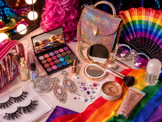 Drag queen preparando su kit de Pride con maquillaje, peluca, tacones, accesorios brillantes y ropa de escenario sobre una mesa de camerino.