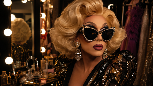 Drag queen con gafas de sol llamativas, maquillaje dramático, peluca voluminosa y accesorios brillantes en un camerino glamuroso.