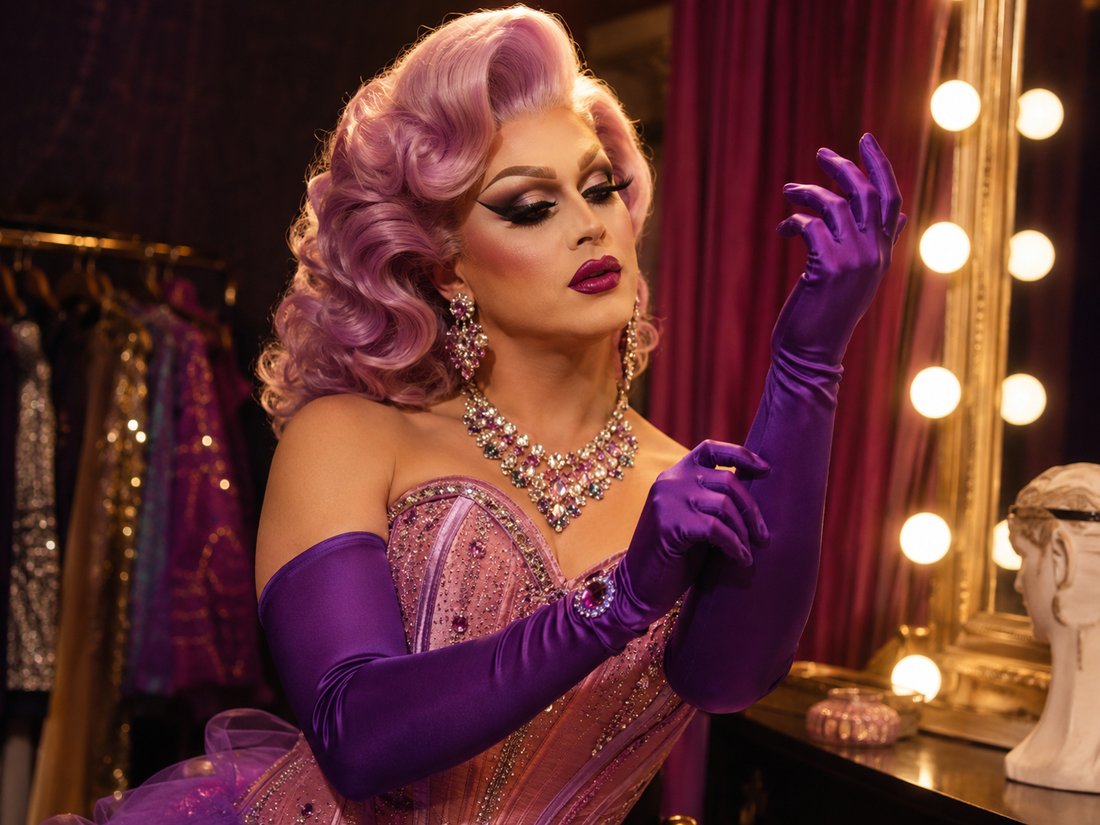 Drag queen en camerino con guantes largos brillantes, joyería llamativa, maquillaje dramático y vestuario de escenario.