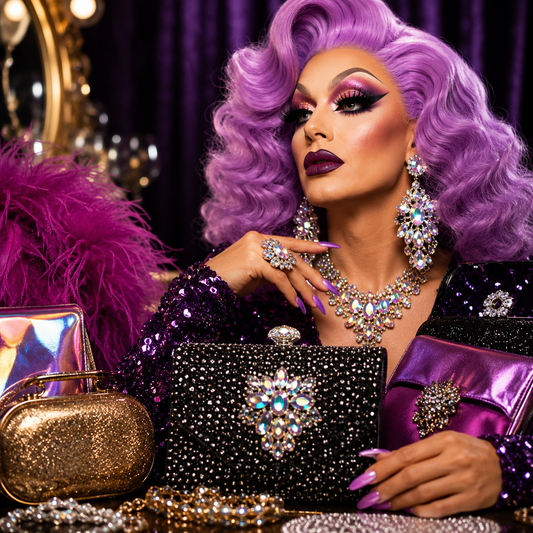 Drag queen con bolso brillante y accesorios de escenario en un camerino glamuroso.