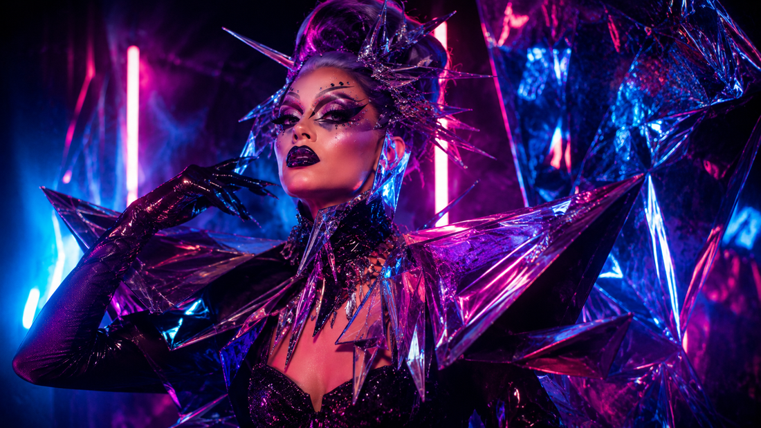 Drag queen con look avant-garde, maquillaje gráfico, peluca voluminosa y accesorios llamativos en un camerino teatral