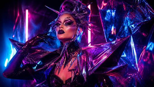 Drag queen con look avant-garde, maquillaje gráfico, peluca voluminosa y accesorios llamativos en un camerino teatral