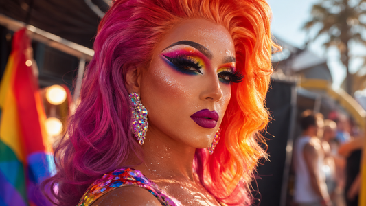 Drag queen con maquillaje glam resistente al calor, pestañas dramáticas y look brillante para Pride y festivales.