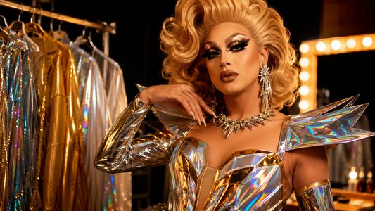 Drag queen con look metalizado dorado, plateado y holográfico en camerino, con maquillaje dramático, peluca voluminosa, accesorios brillantes y vestuario de escenario.