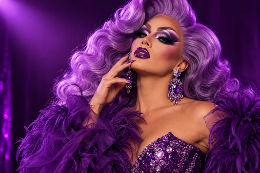 Drag queen con peluca morada, maquillaje dramático y outfit glam en tonos púrpura en un camerino iluminado