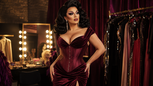 Drag queen con vestido brillante, corset estructurado y silueta escénica definida en un camerino glamuroso