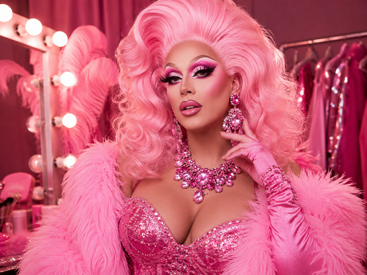 Drag queen con peluca rosa, maquillaje glamuroso, vestido brillante y accesorios de escenario en tonos fucsia y rosa.