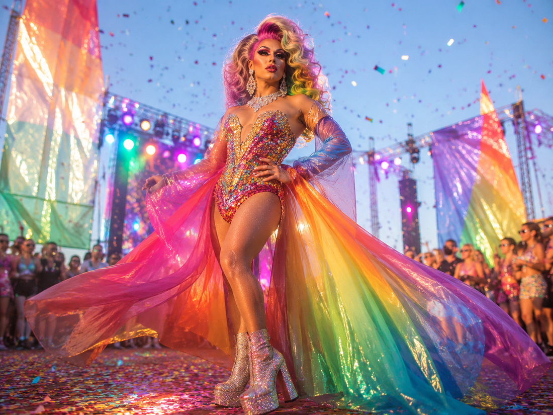 Drag queen con look brillante de Pride y festival posando con peluca colorida, botas de plataforma y accesorios glam.
